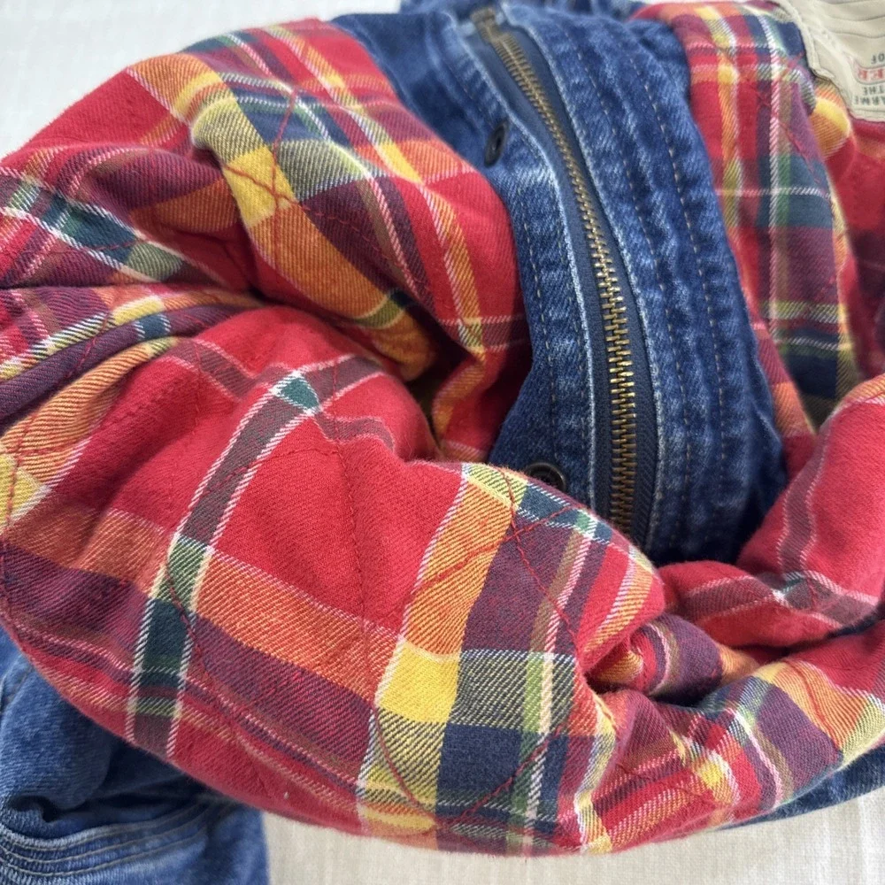 Vtg GAP Denim Jacket Kids XS Corduroy Collar Plaid Lined Chore‎ Barn Coat 90s